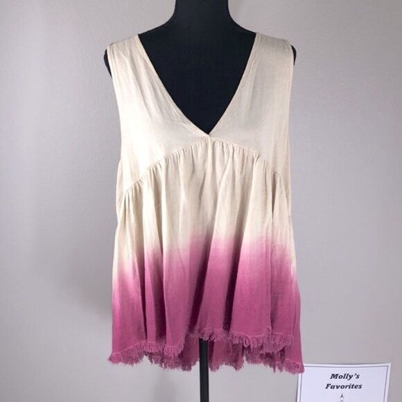 Umgee Linen Sleeveless Top Pink/Cream Ombre V-Neck Blouse Babydoll Peasant M - Picture 3 of 11